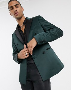Зеленый двубортный пиджак приталенного кроя из атласа ASOS DESIGN