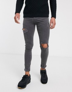 Серые супероблегающие джинсы с рваной отделкой New Look-Черный