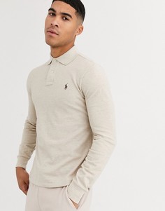 Бежевое узкое меланжевое поло из пике с длинными рукавами и логотипом Polo Ralph Lauren-Бежевый