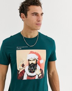 Зеленая футболка с новогодним принтом Jack & Jones Originals-Зеленый