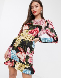 Черное платье миди с цветочным принтом и оборками River island-Черный
