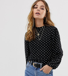 Топ в горошек с пышным рукавом на манжете и завязкой на шее ASOS DESIGN Petite-Черный