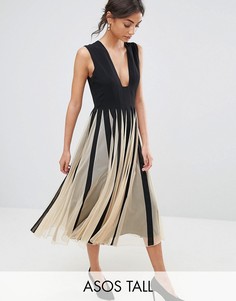 Сетчатое приталенное платье миди со свободной юбкой и глубоким квадратным вырезом ASOS TALL-Мульти