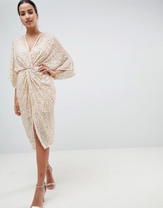 Декорированное платье-кимоно миди с глубоким вырезом ASOS DESIGN-Розовый
