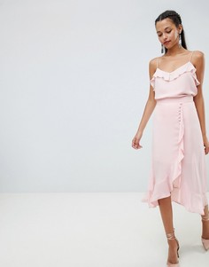 Шифоновая юбка миди с пуговицами и оборками ASOS DESIGN-Розовый
