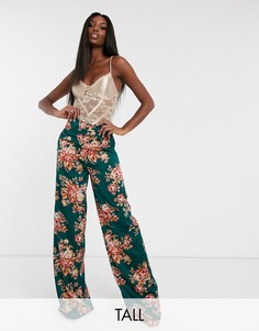 Сине-зеленые атласные широкие брюки с цветочным принтом Missguided Tall-Зеленый