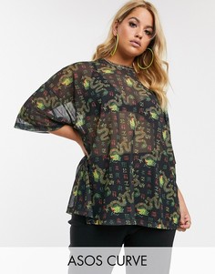 Сетчатая oversize-футболка с принтом дракона ASOS DESIGN Curve-Мульти