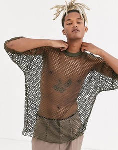 Сетчатая oversize-футболка хаки с рукавами до локтя ASOS DESIGN-Зеленый