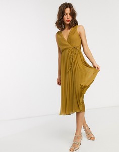 Платье миди с поясом и плиссированной юбкой ASOS DESIGN-Зеленый
