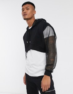 Черный короткий oversize-худи с сетчатыми рукавами и капюшоном ASOS DESIGN