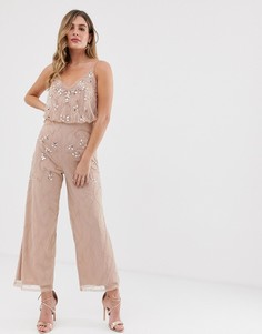 Комбинезон бежево-коричневого цвета на бретелях с отделкой Lace & Beads-Коричневый