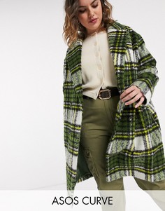 Зеленое теплое пальто в клетку ASOS DESIGN Curve-Зеленый