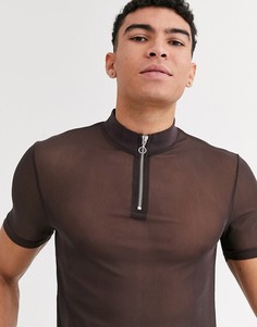 Обтягивающая сетчатая футболка с воротом на молнии ASOS DESIGN Tall-Коричневый