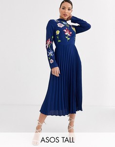 Плиссированное платье миди с вышивкой ASOS DESIGN Tall-Темно-синий