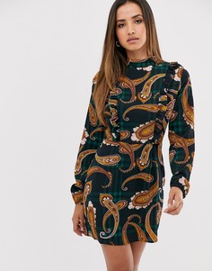 Платье мини в шотландскую клетку с принтом пейсли и оборками AX Paris-Мульти