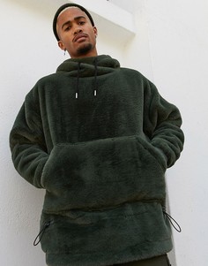 Свободный худи из искусственного меха цвета хаки с воротом-трубой ASOS DESIGN-Зеленый