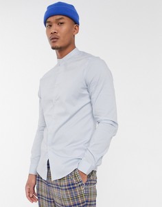 Голубая рубашка скинни из поплина с воротом на пуговице ASOS DESIGN-Синий