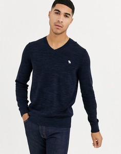 Темно-синий трикотажный джемпер с V-образным вырезом и логотипом Abercrombie & Fitch