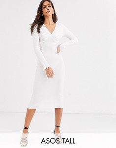 Платье миди со складками и глубоким V-образным вырезом ASOS DESIGN Tall-Кремовый