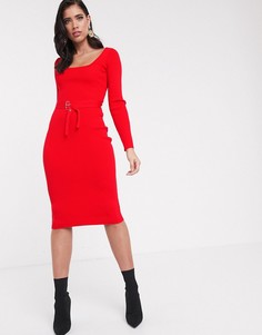 Платье миди с квадратным вырезом и поясом ASOS DESIGN-Красный