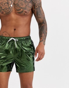 Короткие шорты для плавания цвета металлик с контрастной завязкой ASOS DESIGN-Зеленый