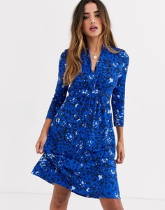 Платье с абстрактным звериным принтом и поясом French Connection-Синий