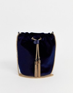 Темно-синяя бархатная сумка-мешок с золотистой цепочкой Forever New-Темно-синий