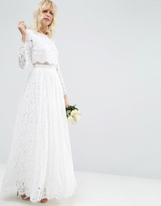 Кружевное платье макси для выпускного с длинными рукавами ASOS BRIDAL-Белый