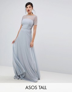 Платье макси с кружевной отделкой ASOS TALL-Серый