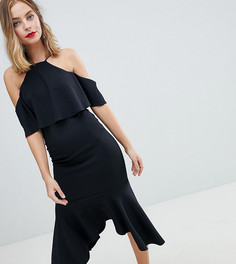 Платье миди с открытыми плечами и асимметричной оборкой ASOS DESIGN Petite-Черный