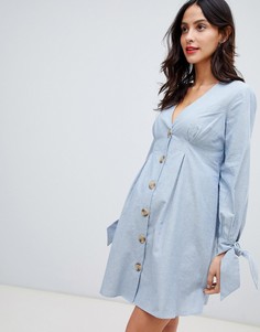 Короткое приталенное платье из шамбре в стиле casual с пуговицами и завязками на рукавах ASOS DESIGN Maternity-Синий