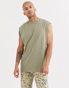 Длинная oversize-футболка без рукавов цвета хаки ASOS DESIGN-Зеленый