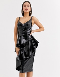 Виниловое премиум-платье миди с чашечками и каскадной драпировкой ASOS DESIGN-Черный