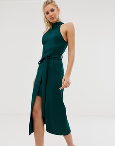 Платье миди с высоким воротом и разрезом Girl In Mind-Зеленый
