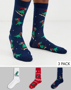Набор из 3 пар новогодних носков с принтом динозавров ASOS DESIGN - Скидка-Мульти