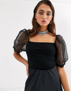 Черный топ с рукавами из органзы Bershka