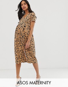 Платье миди со звериным принтом, пуговицами и плиссированной юбкой ASOS DESIGN Maternity-Мульти