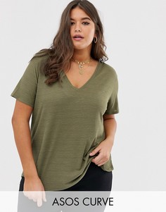 Меланжевая удлиненная футболка цвета хаки в рубчик ASOS DESIGN Curve-Зеленый