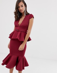 Платье миди с поясом и оборками ASOS DESIGN-Красный