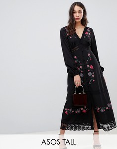 Платье макси с вышивкой и кружевными вставками ASOS DESIGN Tall-Черный