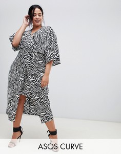 Платье-кимоно миди с зебровым принтом ASOS DESIGN Curve-Мульти