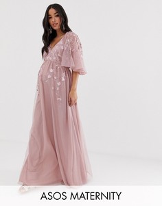 Сетчатое платье макси с рукавами клеш и вышивкой ASOS DESIGN Maternity-Розовый