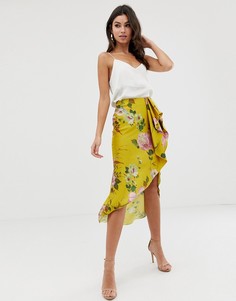 Желтая атласная юбка миди с цветочным принтом ASOS DESIGN-Мульти