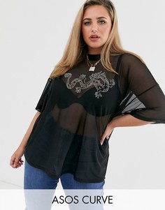 Oversize-футболка с переливающейся отделкой заклепками в виде дракона ASOS DESIGN Curve-Черный