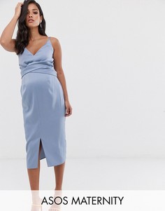 Атласное платье миди на бретельках с отделкой на талии ASOS DESIGN Maternity-Синий