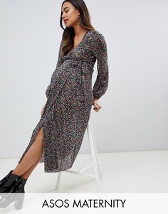 Платье макси с запахом, плиссировкой и цветочным принтом ASOS DESIGN Maternity-Мульти