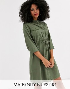 Платье-рубашка с карманом в стиле милитари Mamalicious maternity-Зеленый Mama.Licious