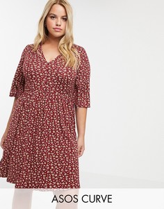 Свободное платье мини с цветочным принтом и пуговицами ASOS DESIGN Curve-Красный