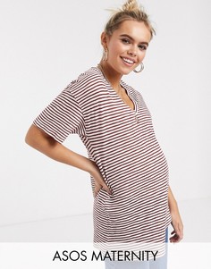 Футболка в фактурную полоску с короткими рукавами и V-образным вырезом ASOS DESIGN Maternity-Красный