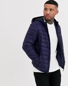 Темно-синяя дутая куртка с капюшоном Bershka-Темно-синий